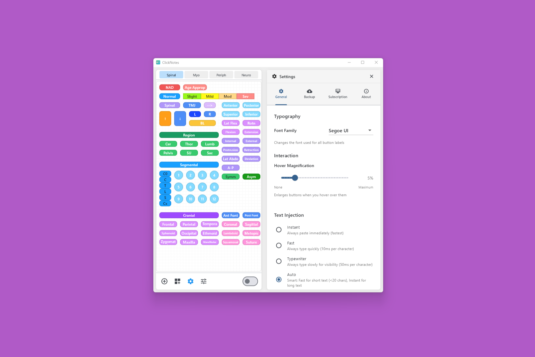 ClickNotes Settings View